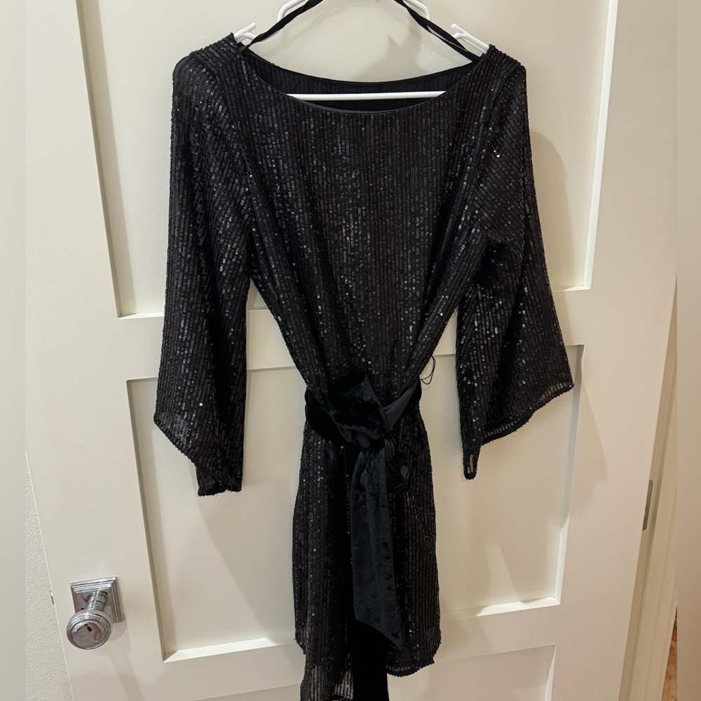 Anthropologie black sequence shift dress with velvet belt size small